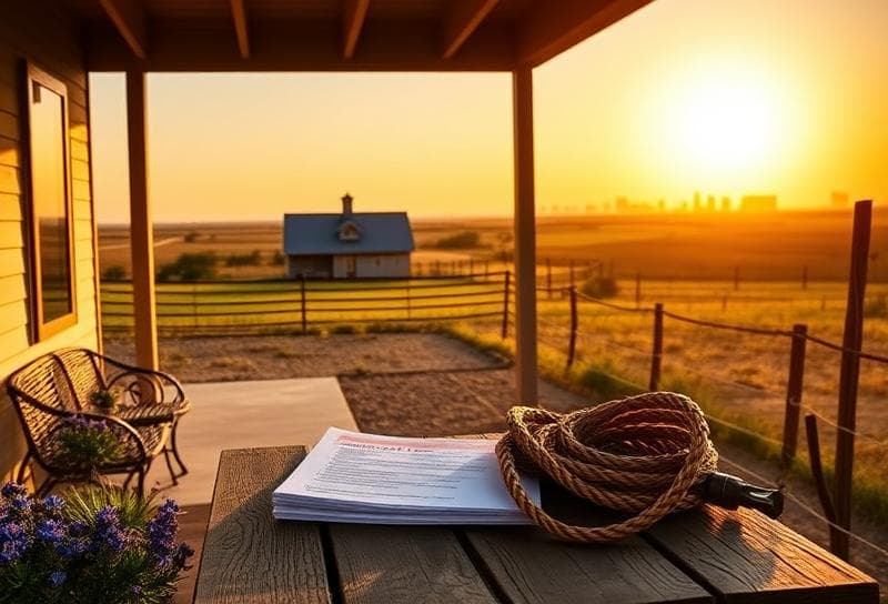 Texas ranch home with Houston skyline, property tax documents, and lasso on porch, symbolizing real estate tax solutions