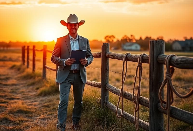 Professional standing by a wooden fence with a lasso, reviewing property documents at a Texas