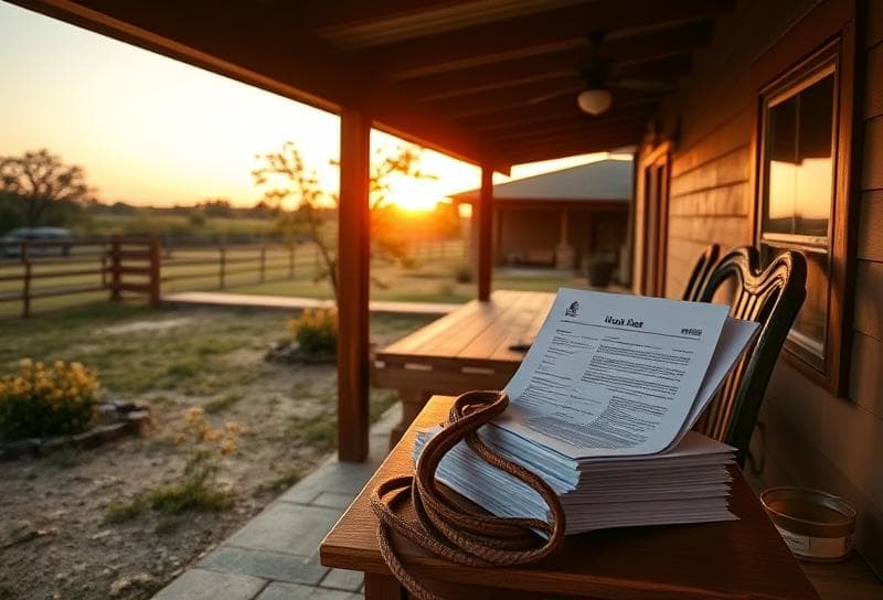 Texas ranch home at sunset with property tax documents and lasso on porch, symbolizing Houston