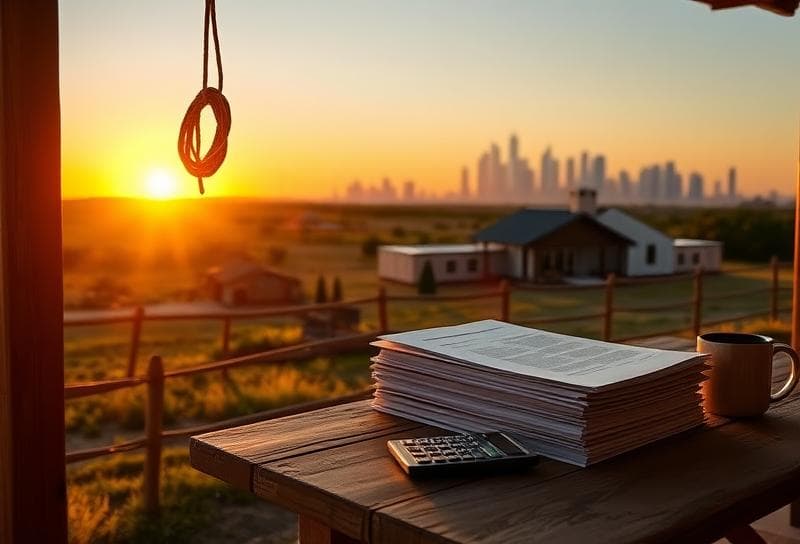 Texas ranch sunset with modern home, lasso on fence, and Houston skyline, highlighting tax benefits