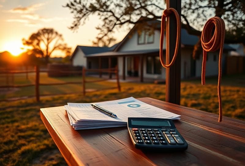 Texas ranch sunset with Houston-style home, lasso on fence, and property tax documents on rustic