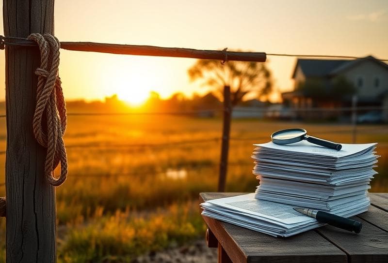 Texas ranch sunset with property tax documents, lasso, and Houston suburbs in the background.