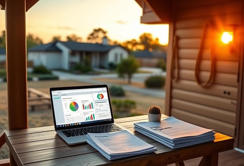 Texas ranch sunset with Houston suburb, desk showing property tax changes dashboard and compliance documents.