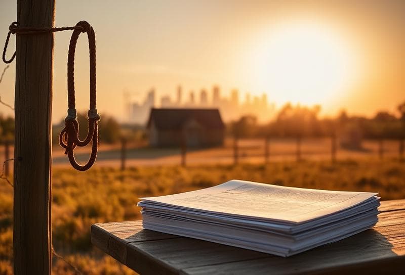 Sunlit Texas ranch with Houston skyline, lasso on fence, and property tax documents on rustic
