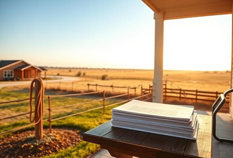 Houston suburban home with lasso on fence, appraisal documents on porch, Texas prairie backdrop.