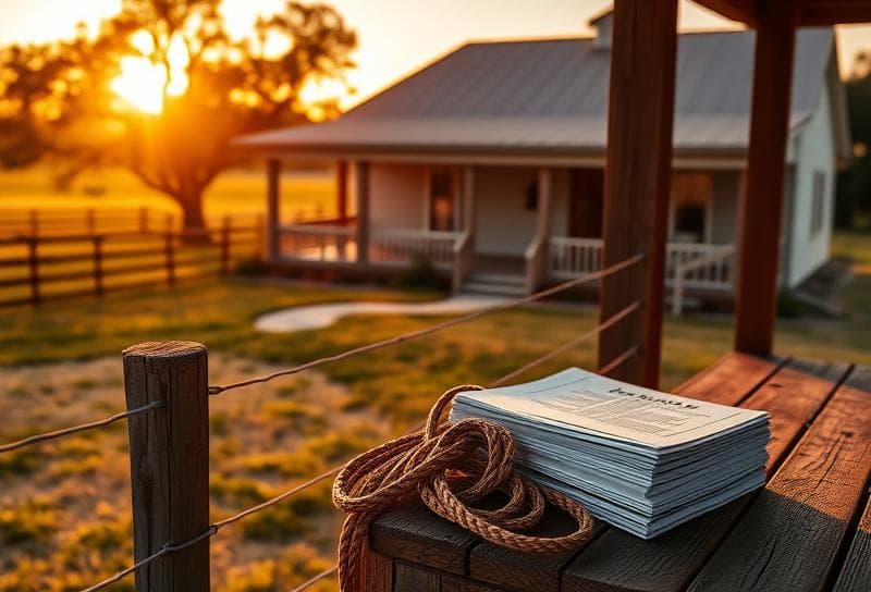 Texas ranch sunset with Houston-style home, lasso on fence, and property tax documents on porch