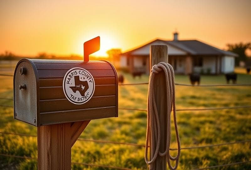 Modern Texas ranch home at sunset with Harris County tax district mailbox and grazing cattle.