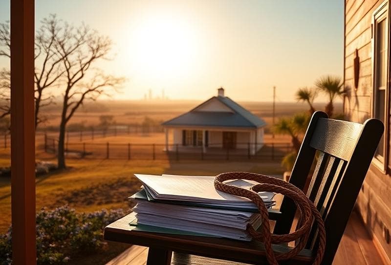 Texas ranch home with Houston skyline, property tax documents, and lasso on porch