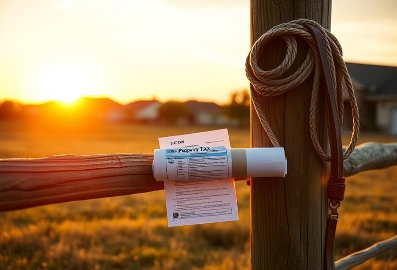 Sunset over a Texas ranch with a Houston suburb, lasso on a fence, and property