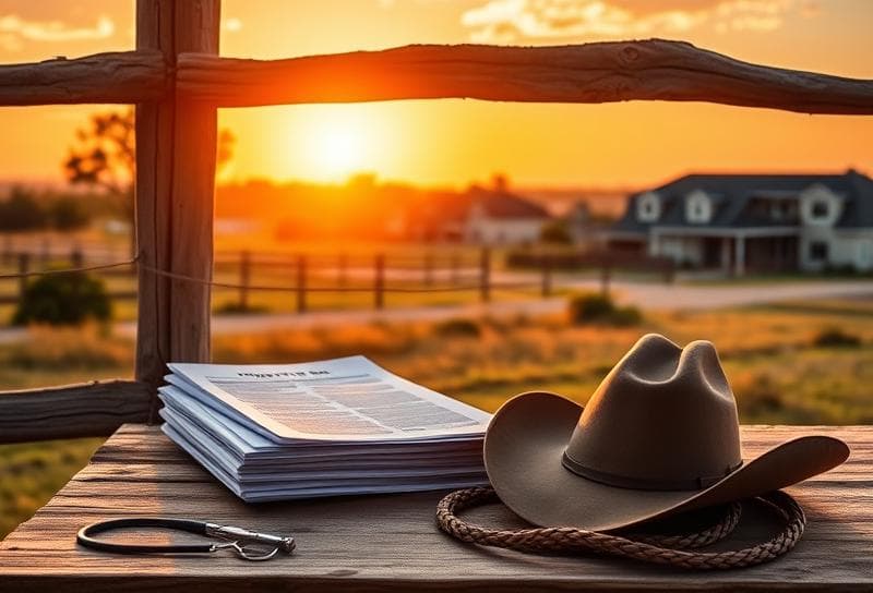Rustic Texas ranch sunset with property tax documents, cowboy hat, and lasso on a wooden