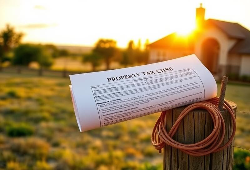 Sunlit Texas ranch with Houston suburban home, property tax document and lasso on wooden fence