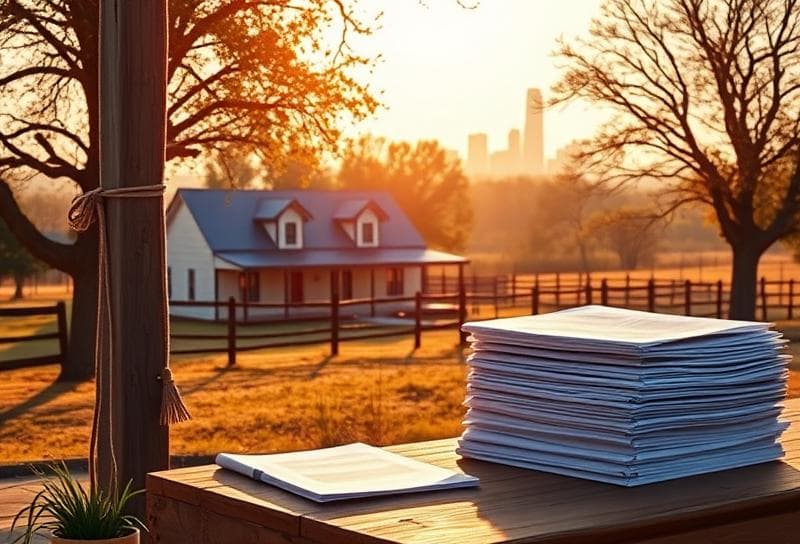 Texas ranch home with lasso on fence, property documents, and Houston skyline in the background