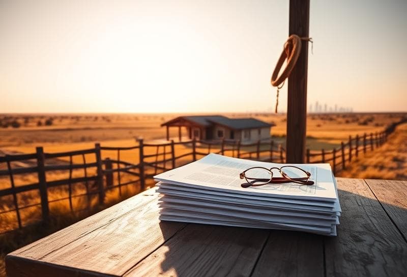 Texas ranch with Houston skyline, property documents, and lasso symbolizing homeownership and finding your property