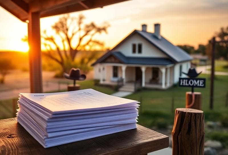 Texas ranch sunset with modern Houston home, property documents, and cowboy hat symbolizing taxable value