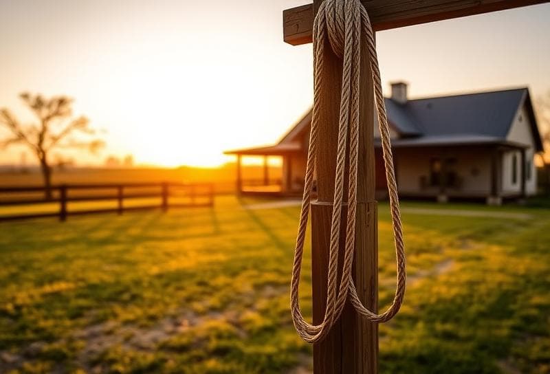 Modern Texas ranch home at sunset with lasso on fence, Houston skyline in background, symbolizing