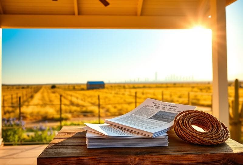 Texas ranch home with property tax documents and lasso, symbolizing Harris County homestead exemption eligibility.