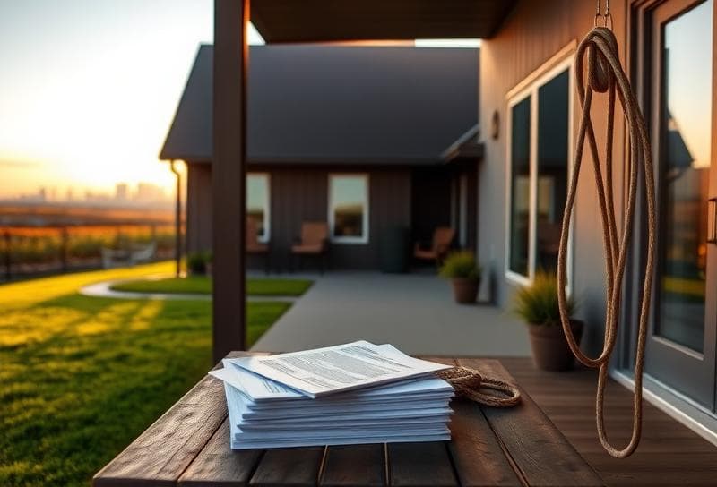 Modern Houston home with Texas landscape, property tax documents, and lasso symbolizing Texas tax protest