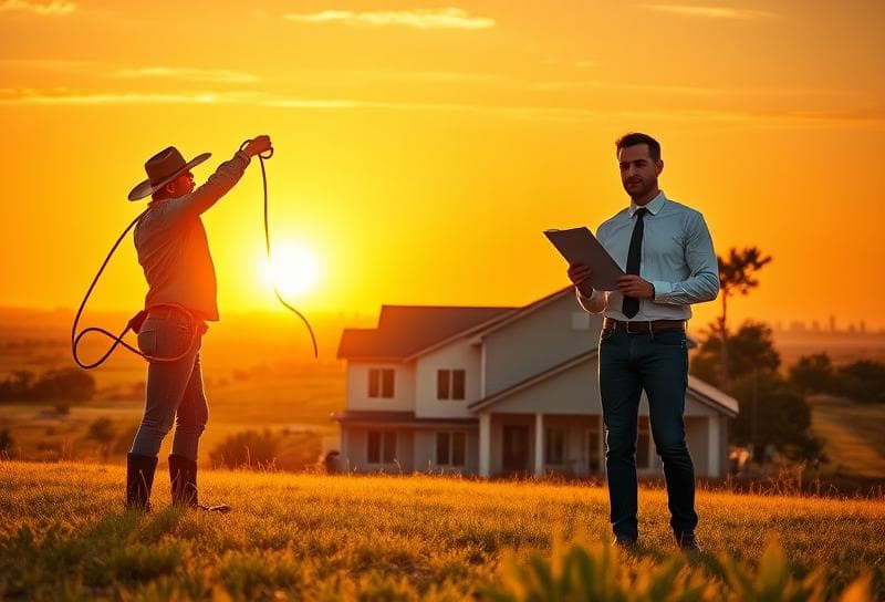 Texas ranch sunset with cowboy lassoing, professional reviewing property tax appeal services, Houston skyline in