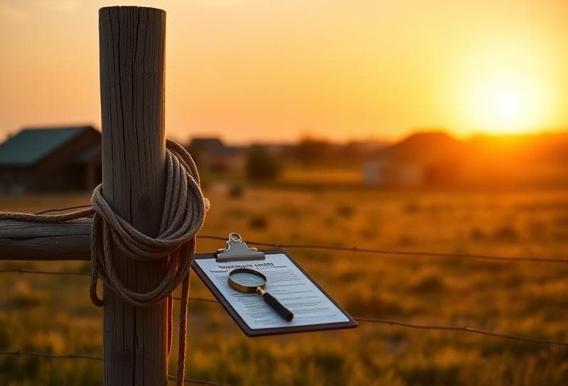 Sunset Texas ranch with lasso, fence, and property tax documents for tax consultation services.