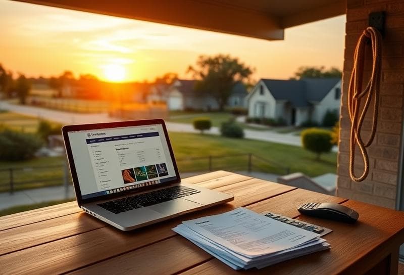 Texas ranch sunset with a modern suburban neighborhood, desk with tax records, and a lasso
