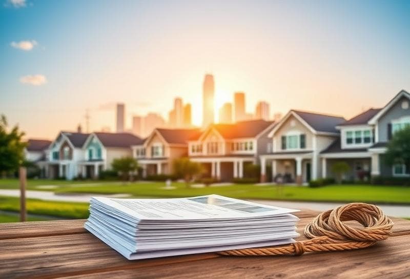 Rustic wooden table with property tax documents and lasso, Houston suburban homes under Texas sky