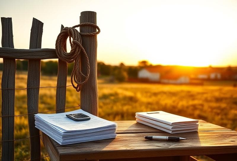 Texas ranch sunset with Houston suburbs, lasso on fence, and property tax documents for high-income