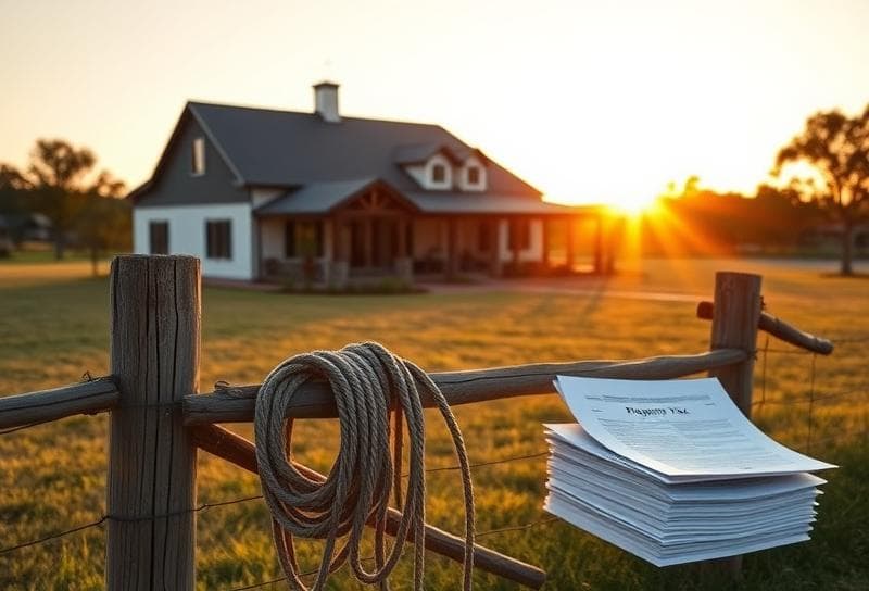 Sunset over a Houston ranch with a modern home, lasso-draped fence, and property tax documents