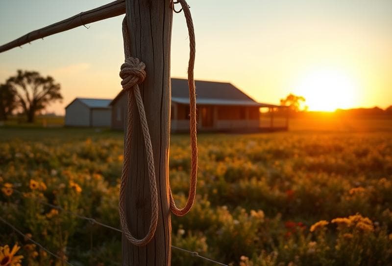Texas ranch sunset with wildflowers, lasso on fence, and Novotny tax protest context.