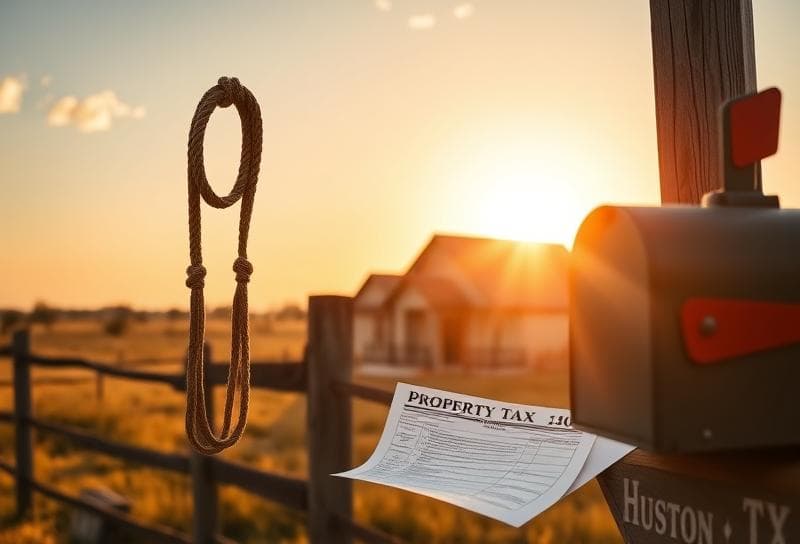 Sunlit Texas ranch with Houston suburban home, lasso on fence, and property tax document