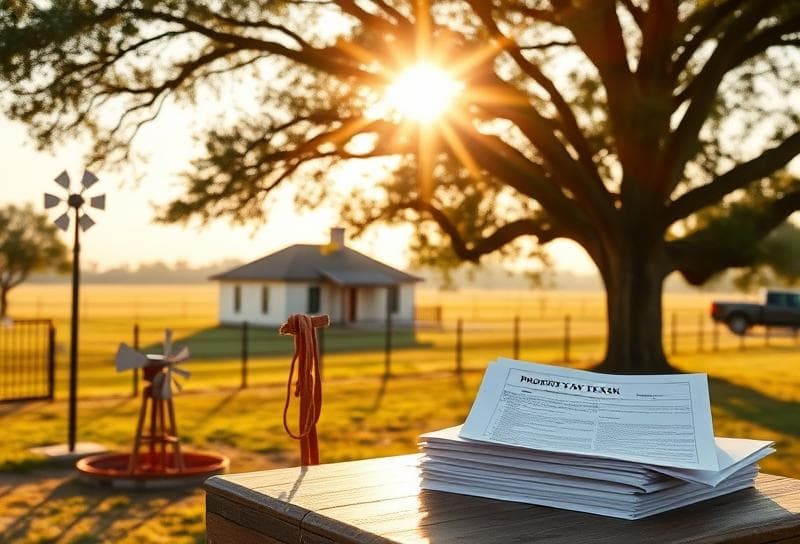 Sunlit Texas ranch with suburban home, lasso, and property tax documents under oak tree, highlighting