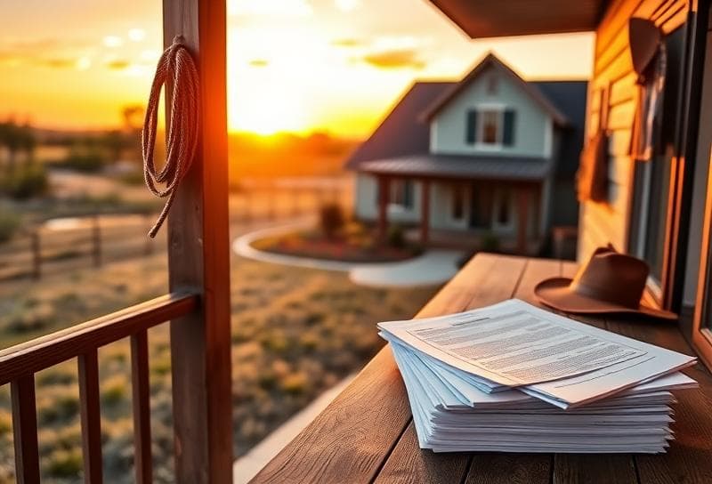 Modern Houston home with western decor, property tax documents on porch, sunset ranch backdrop for
