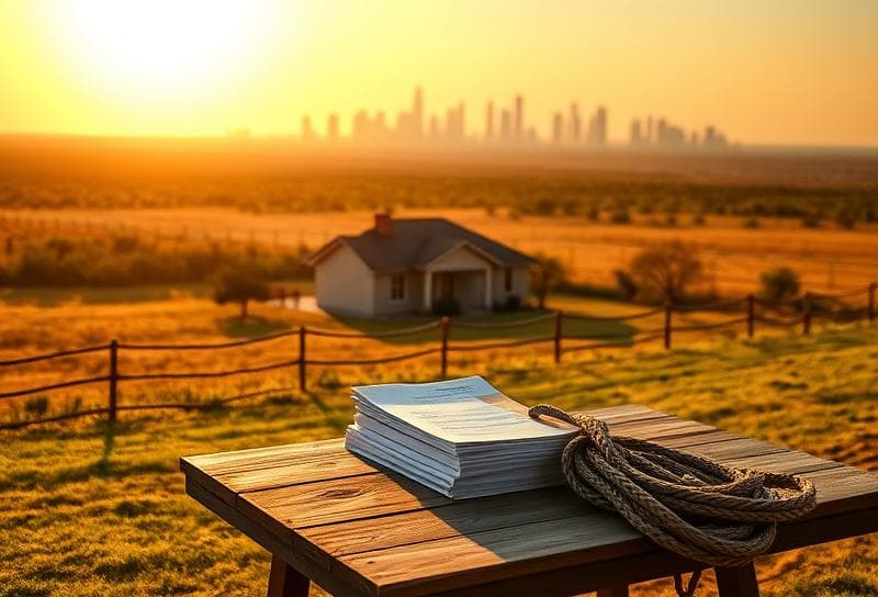 Rustic Texas ranch home with Houston skyline, property documents, and lasso on wooden table, Hunt