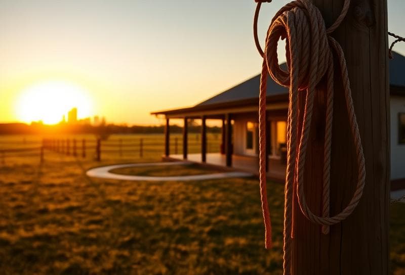 Modern Texas ranch home at sunset with lasso on fence, Houston skyline in distance, highlighting