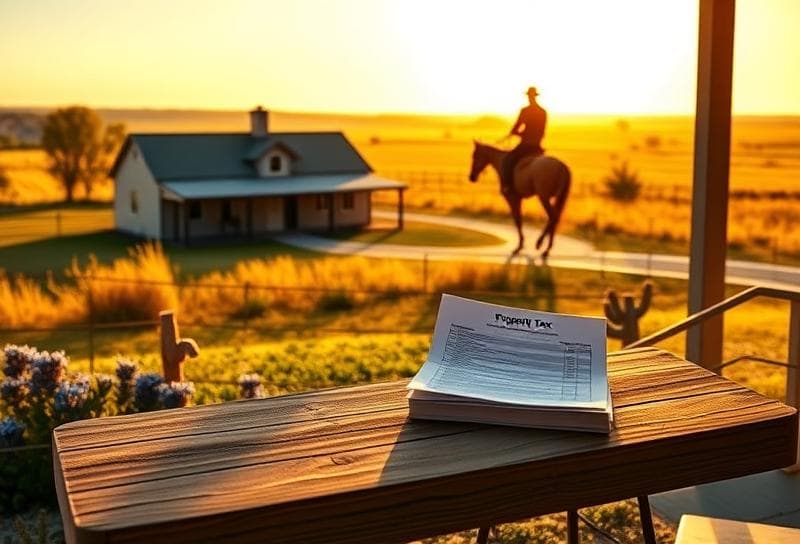 Texas ranch home with property tax documents, golden fields, and cowboy guiding a horse, symbolizing