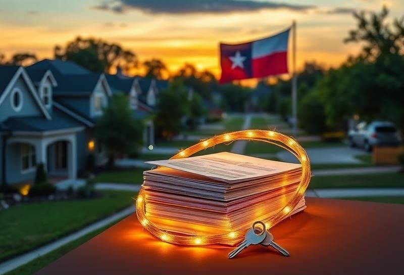 Glowing lasso encircles property tax documents and house key in a Houston sunset neighborhood, symbolizing