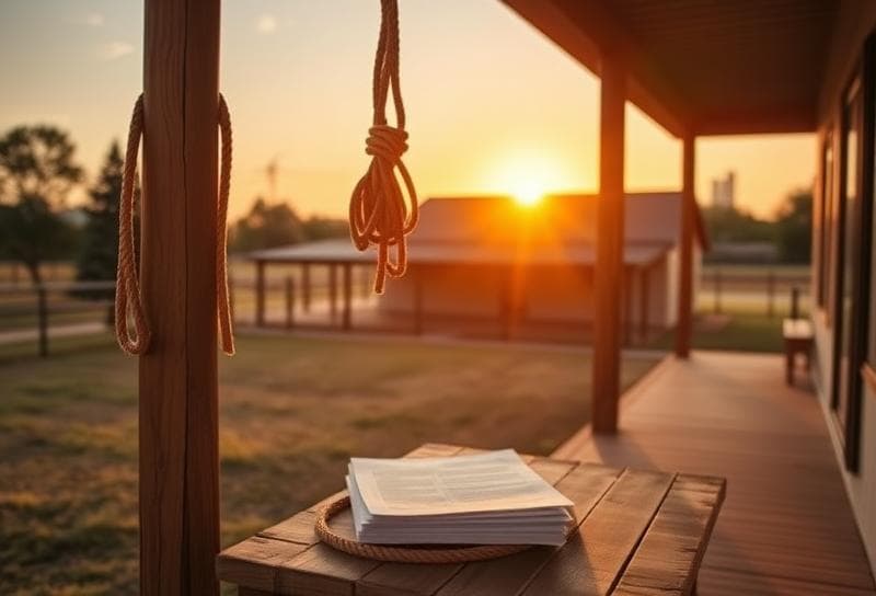 Texas ranch at sunset with property tax documents on a rustic porch, Houston skyline in