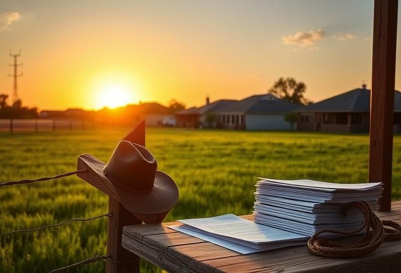 Texas ranch sunset with Houston suburb, cowboy hat, and property tax documents on rustic table