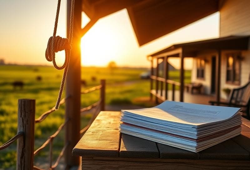 Sunlit Texas ranch with a lasso on a fence, property tax documents on a rustic