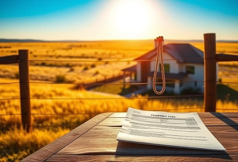 Sunlit Texas ranch with Houston suburban home, lasso on fence, and property tax document, highlighting