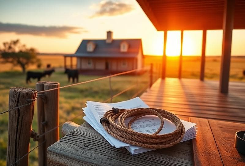 Texas ranch sunset with property tax documents on a rustic porch, grazing cattle, and a
