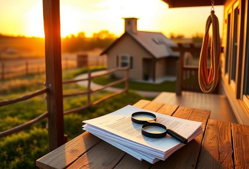 Sunset-lit Texas ranch with Houston home, lasso on fence, and property tax documents on porch