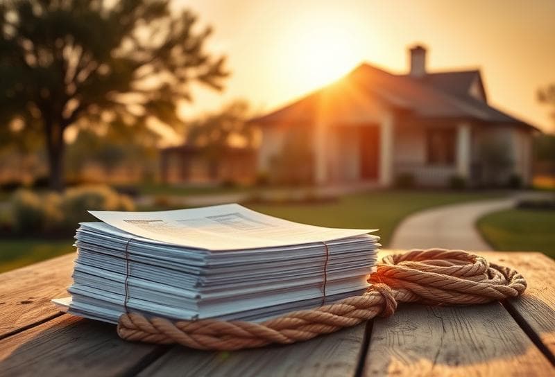 Texas ranch home with property tax documents and lasso on rustic table, symbolizing Houston property