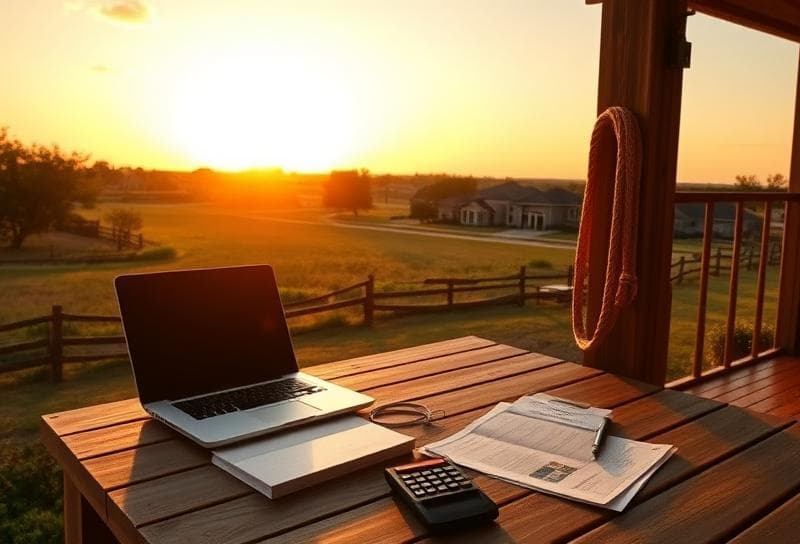 Sunset over a Texas ranch with a Houston suburb, desk with tax documents, and a