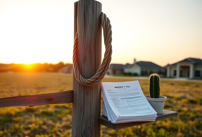 Texas ranch sunset with lasso, property tax documents, and Houston suburb in background, highlighting homestead