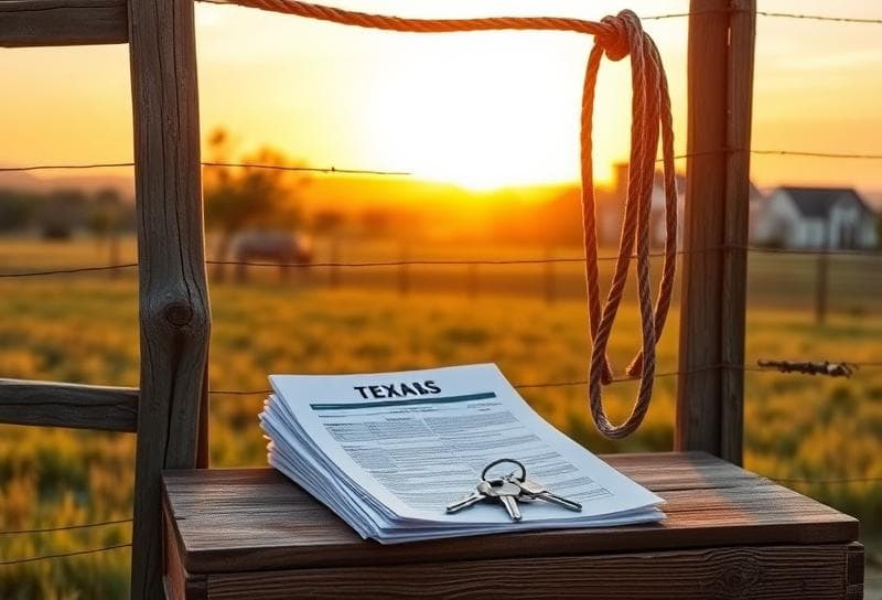 Texas ranch sunrise with property tax documents, house keys, and lasso symbolizing 2023 tax cut