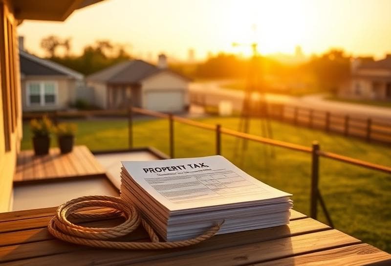 Houston suburban home with property tax documents and lasso on porch, blending Texas ranch and