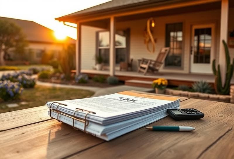 Modern Houston ranch home with native Texas plants, property tax documents, and a tax calculator