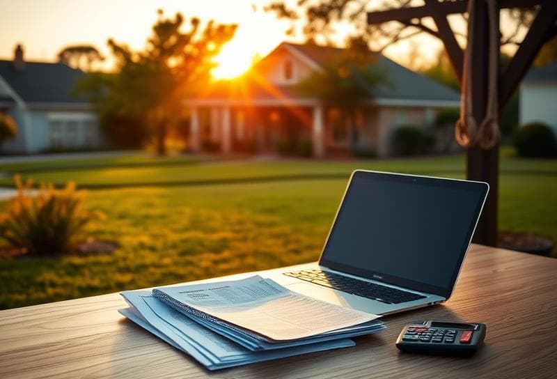 Houston suburban home office with tax documents, calculator, and Texas ranch-style house at sunset.