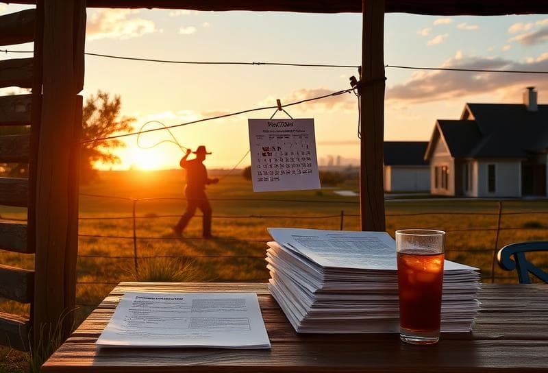 Cowboy lassoing a calendar near property tax documents, Houston skyline reflected in iced tea at