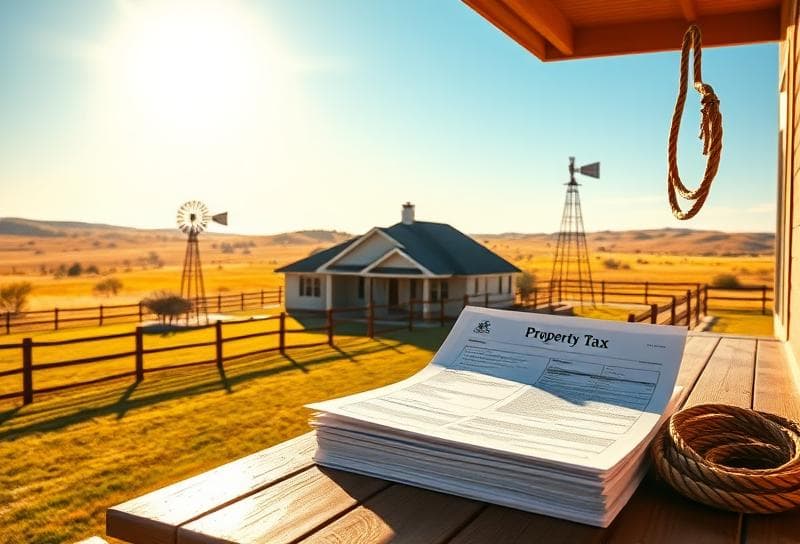 Texas ranch home with property tax documents and lasso on porch under golden-hour lighting.